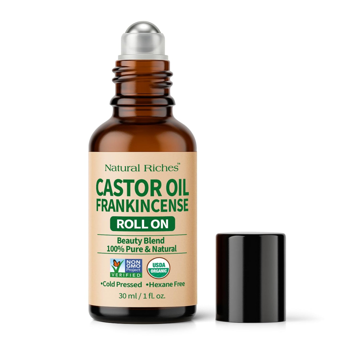 Organic Castor Oil Roll-On - 100% Pure, Cold Pressed, Hexane Free | 1 fl oz Glass Bottle with Roller Ball Applicator