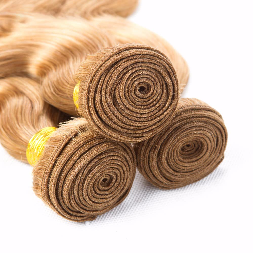 Honey Blonde Bundles Human Hair 27 Body Wave Bundles 14 inch 1 Bundle 55g Double Weft Soft Real 27 Blonde Bundle Human Hair Extensions