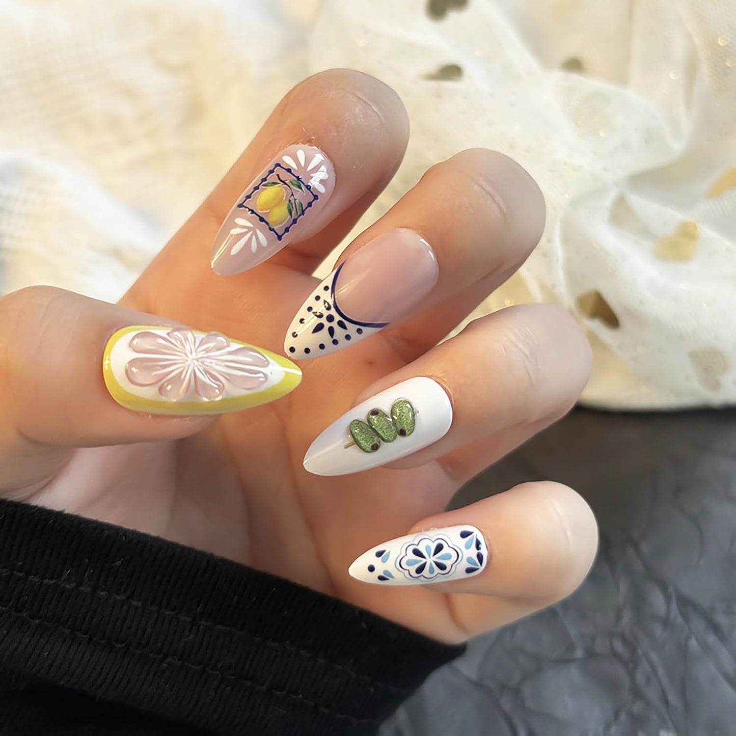 Press On Nails - 24Pcs Medium Almond 3D Cute Fish & Lemon Design | Reusable French Tip Acrylic Full Cover