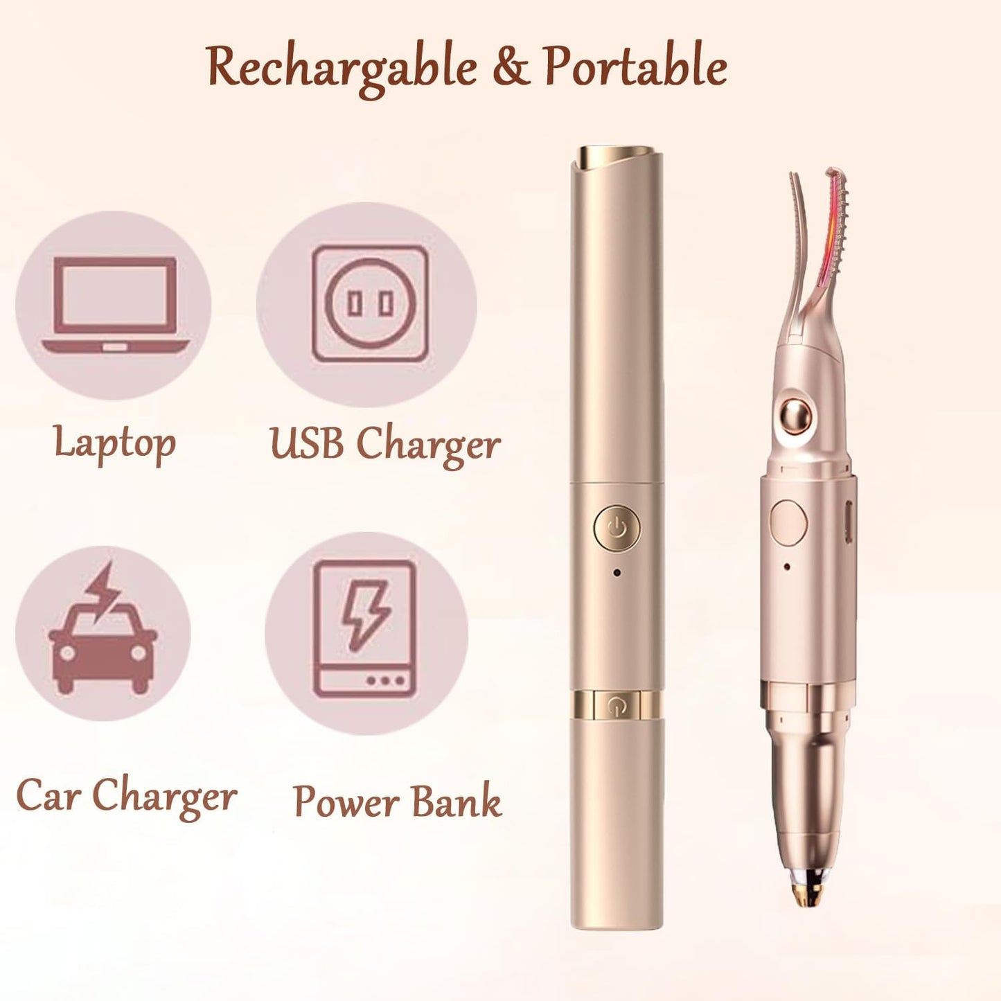 Heated Eyelash Curler - 2-in-1 Electric Eyelash & Eyebrow Trimmer | USB Rechargeable, Anti-Burn Design, Gold
