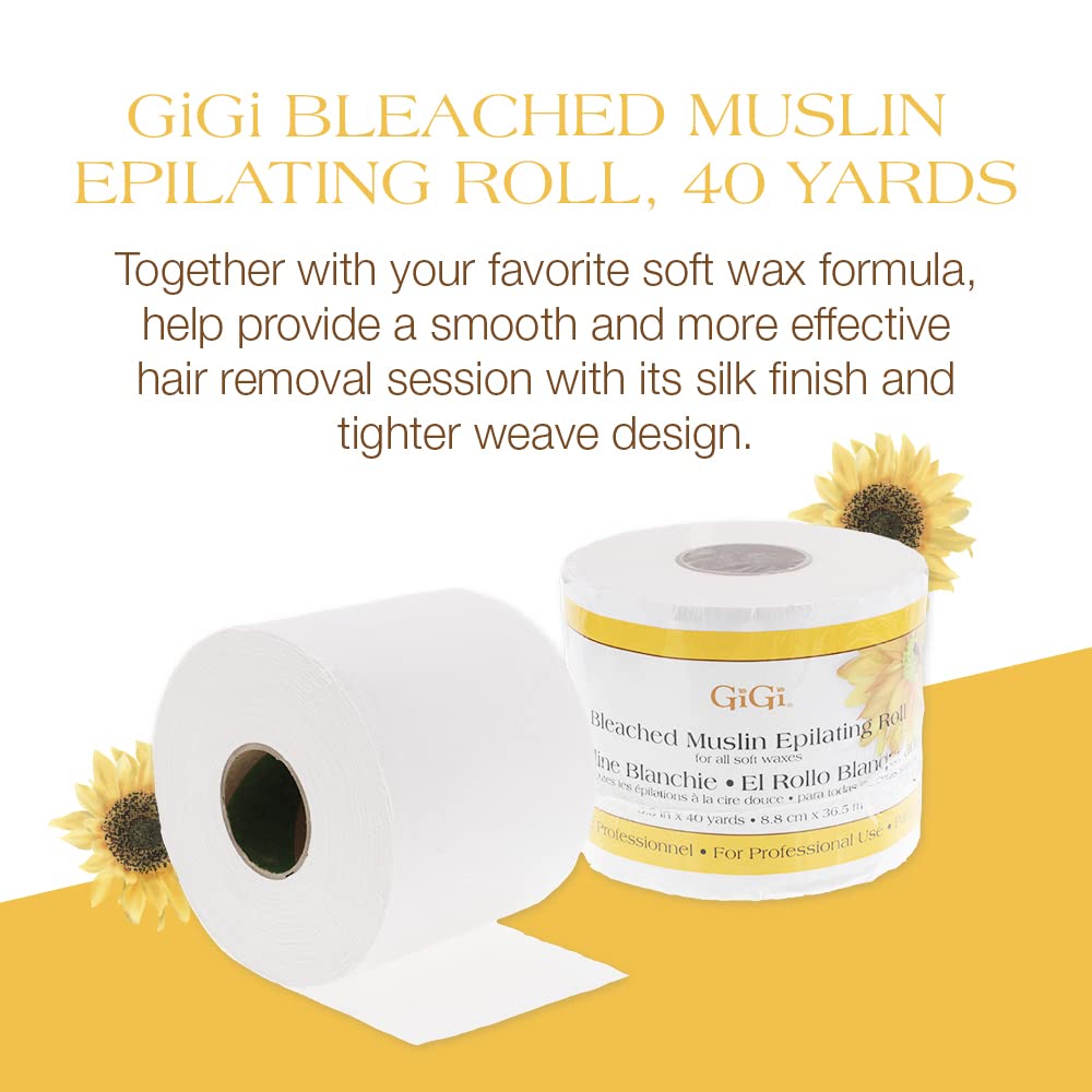 GiGi Bleached Muslin Epilating Roll for Soft Wax – Professional Hair Removal Waxing Strip Roll, 40 Yards