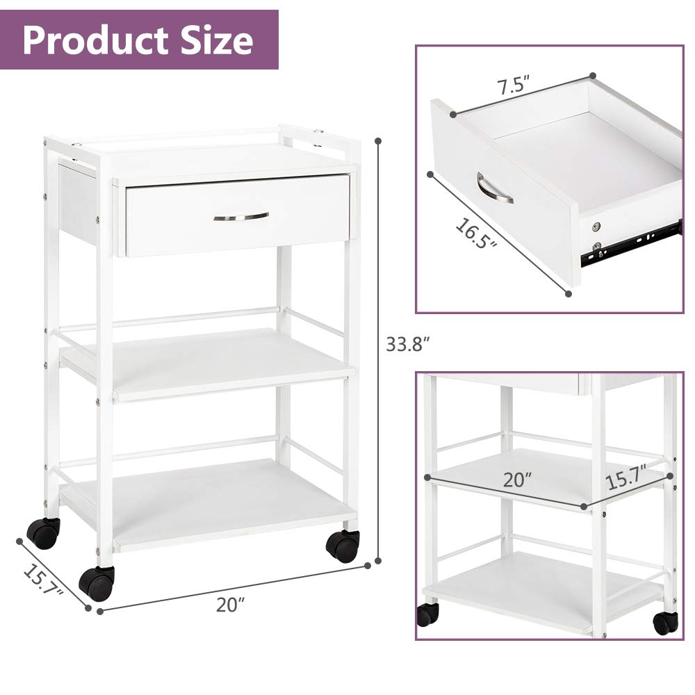 Salon Trolley Cart - Wooden Rolling Storage Station with Wheels | Mobile Utility Cabinet for Beauty, SPA, Massage, Tattoo - White