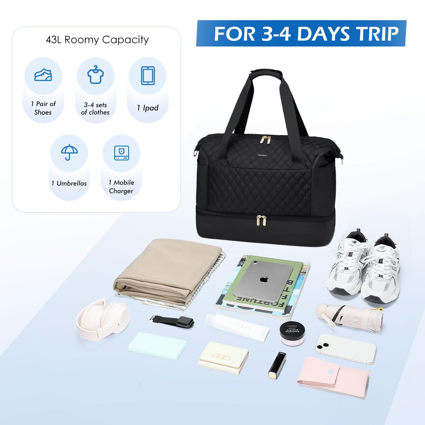 MDODO Travel Duffel Bag for Women Weekender Overnight Carry on Tote with Shoe Compartment Wet Pocket for Business Trips Travel Sports Gym Yoga Hospital, 3 Pcs Set, 43L, Black, Water-Resistant Nylon