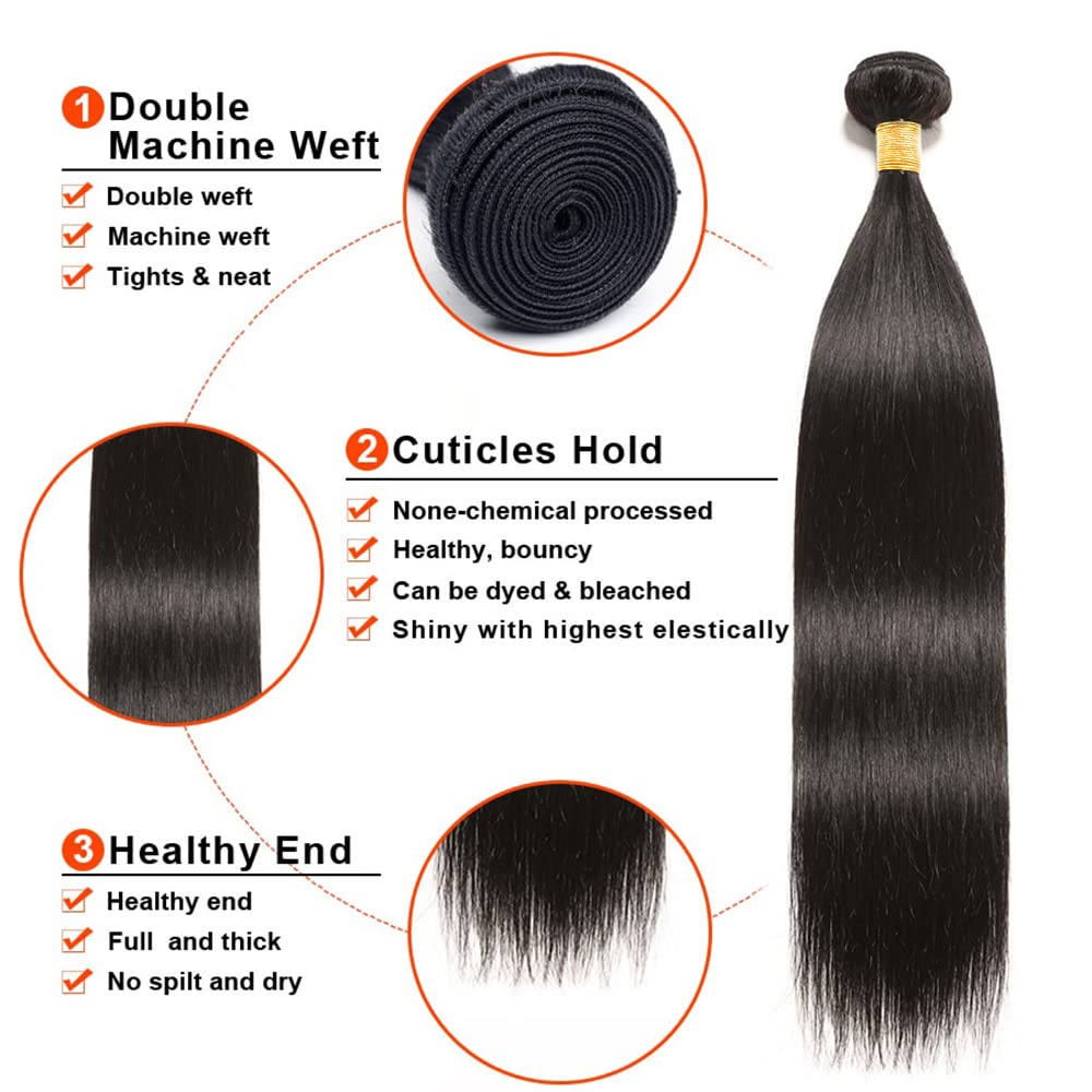 GveoXvo Human Hair Bundles Straight Human Hair Bundle 22 24 26 Inch Unprocessed Virgin Mixed Length 1b Color Bundle Hair Extensions