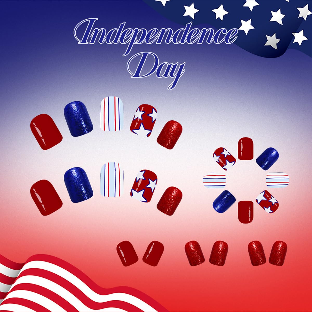 Patriotic 4th of July Press on Nails Short Square Fake Nails Red Blue Nails Press ons with Star & Stripe Design,Reusable Artificial Nails,24Pcs Nail Kit for Women Independence Day Manicure