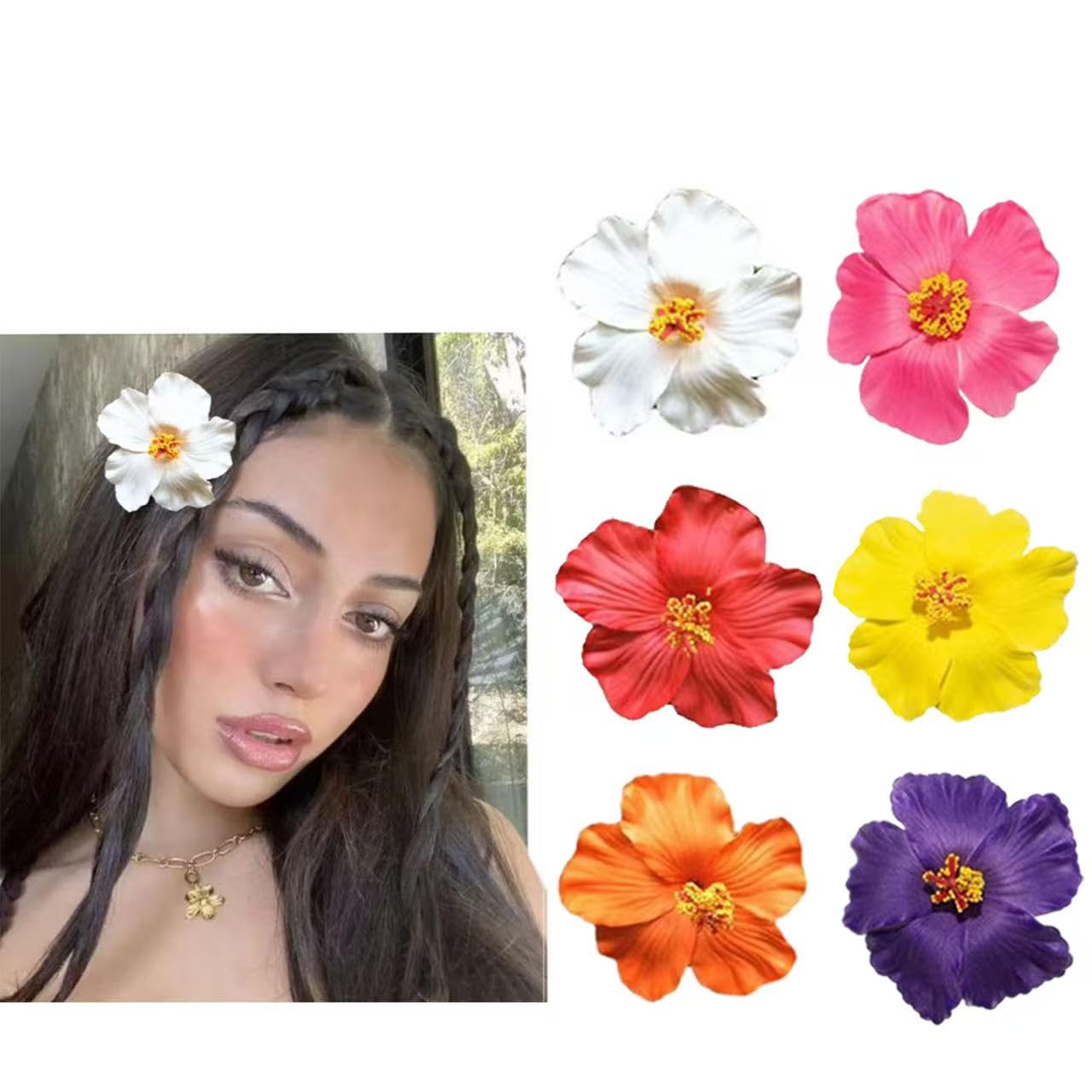 Hawaiian Flower Hair Clips - 6 Pcs Plumeria & Hibiscus Set | 3.5 Inch Colorful Accessories for Weddings & Beach Parties
