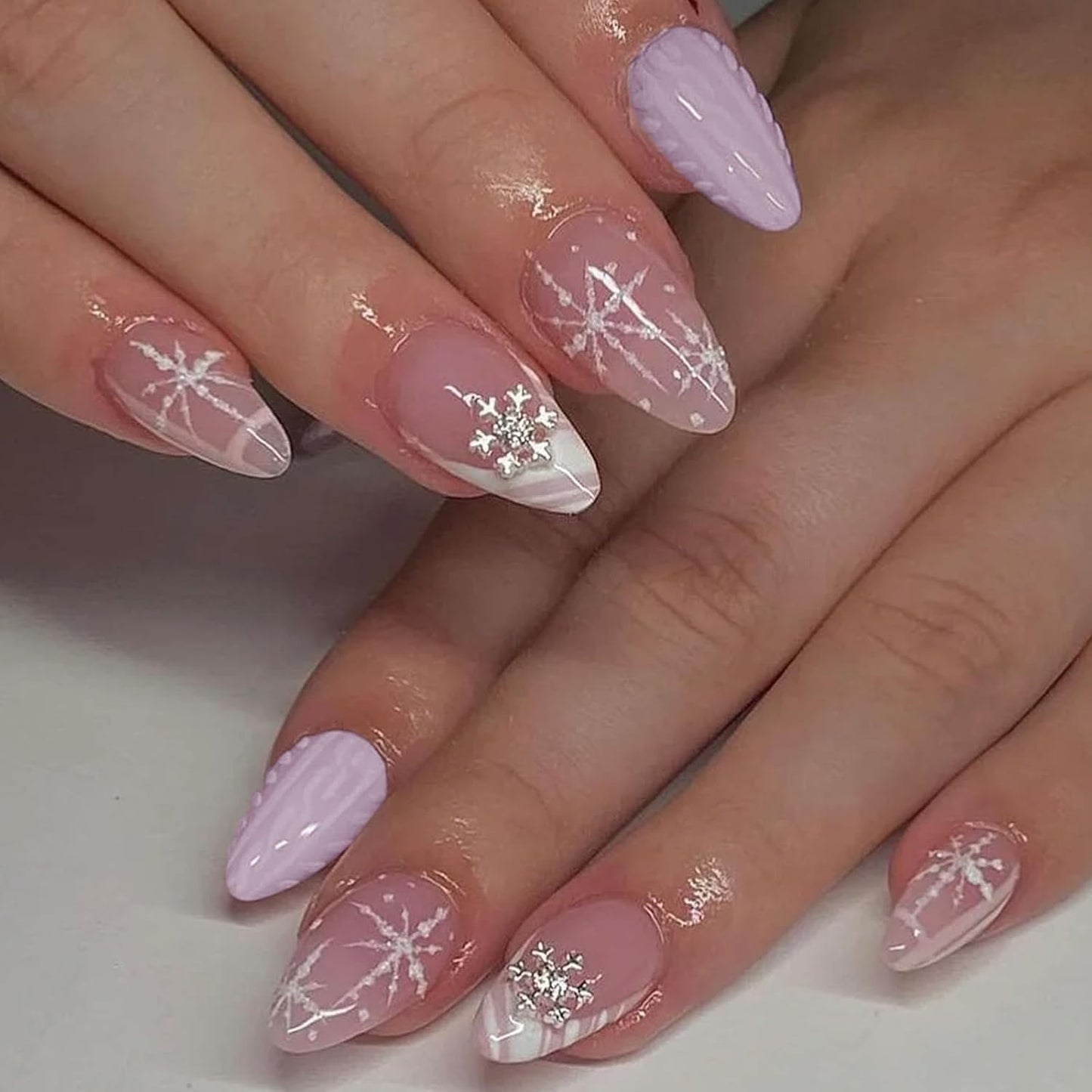 French Tip Press-On Nails - Medium Almond Shape with 3D Bow & Pearl Charms | 24 Pcs Spring Design