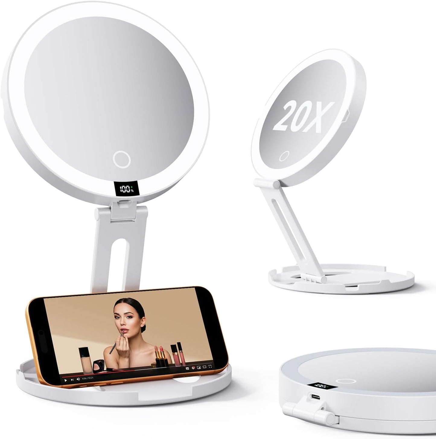 Travel Makeup Mirror with Lights - 20X/1X Dual-Sided Magnifying | Rechargeable, Dimmable, Portable Folding Design
