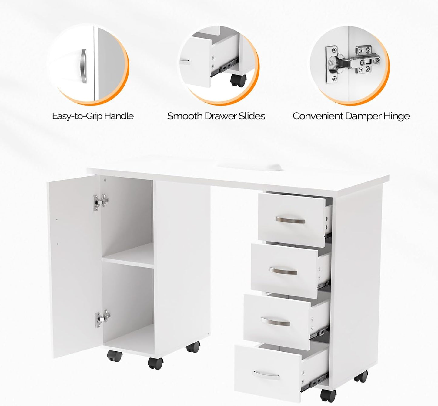 Manicure Table - Professional Nail Desk with Cabinet, Drawers & Wheels | White Spa Salon Workstation