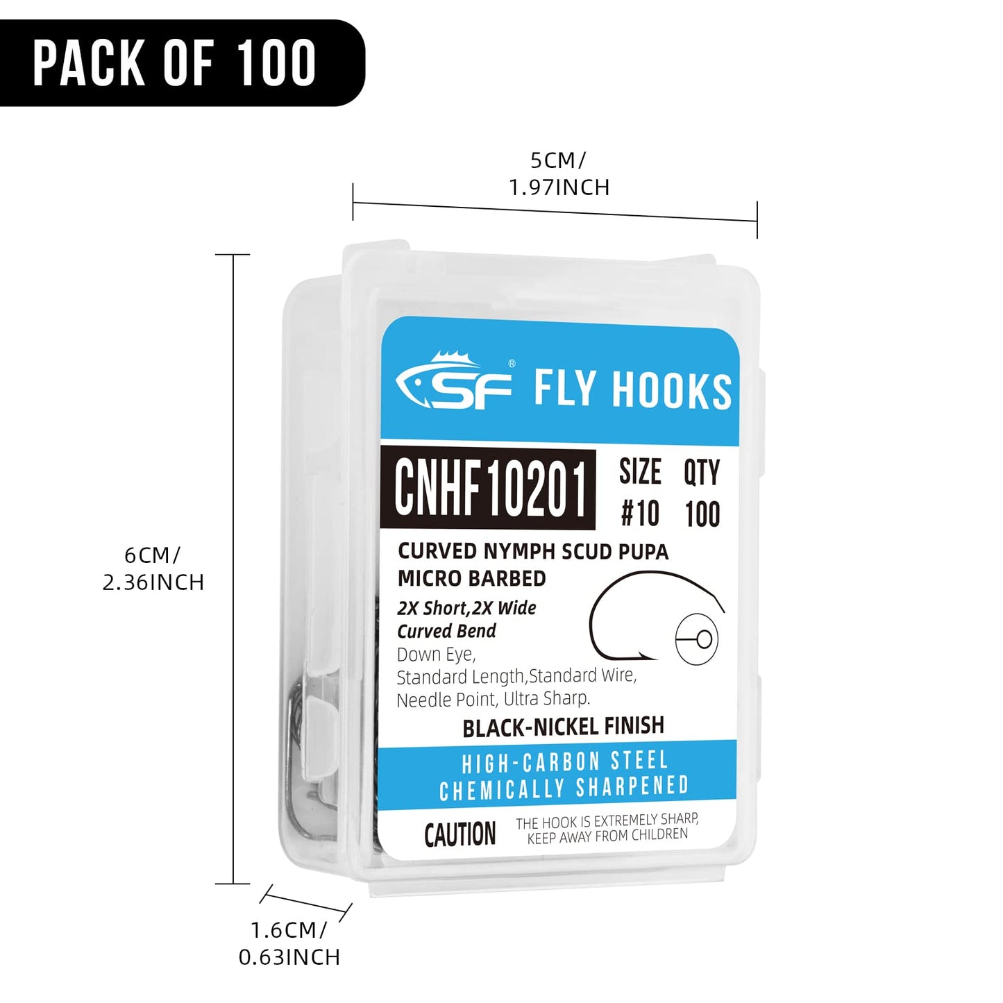 SF #12 Curved Nymph Scud Pupa Fly Tying Hooks Micro Barbed Black Nickel High Carbon Steel Fly Tying Materials Fly Hook with Mini Box 100Pcs