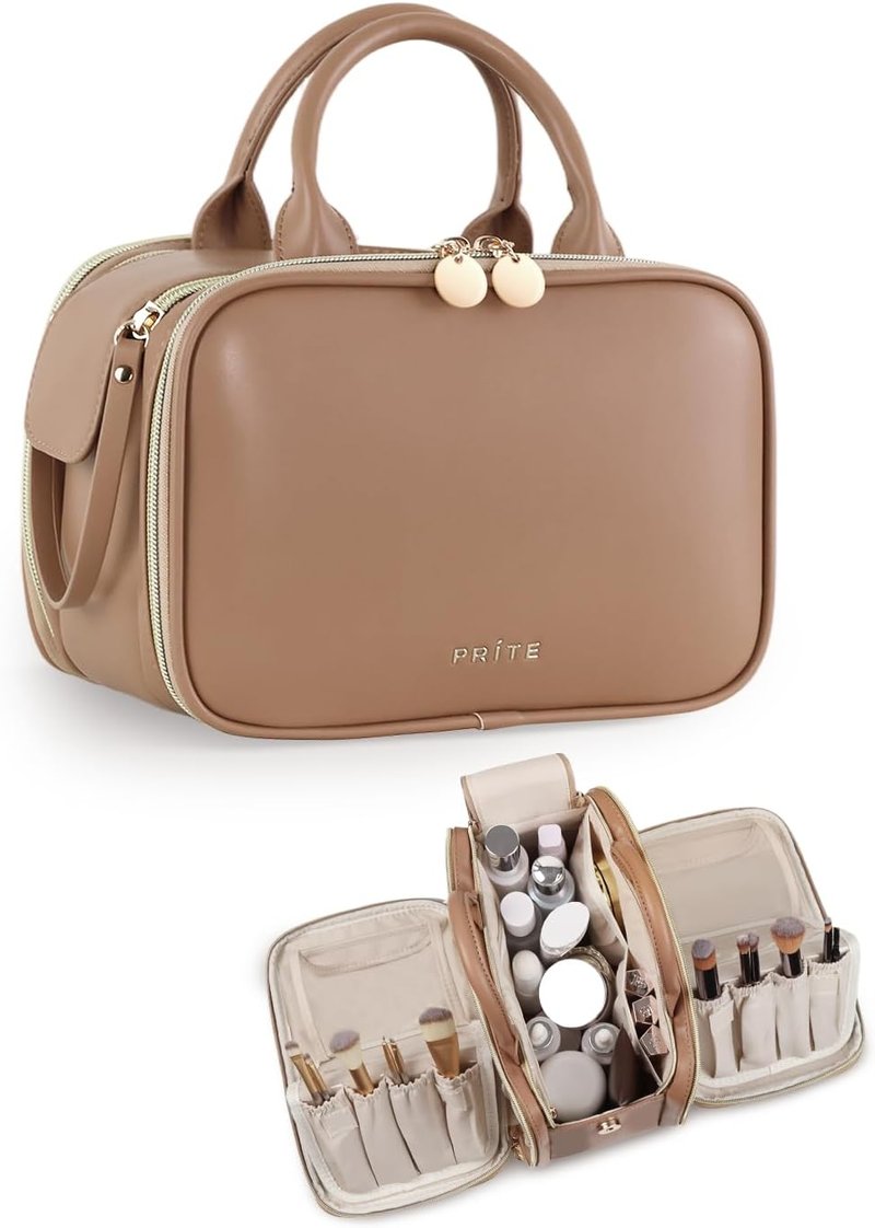 Makeup Bag for Women - Large Capacity Waterproof Travel Organizer | Portable Flat Toiletry Bag with Brush Holder (Brown Medium)
