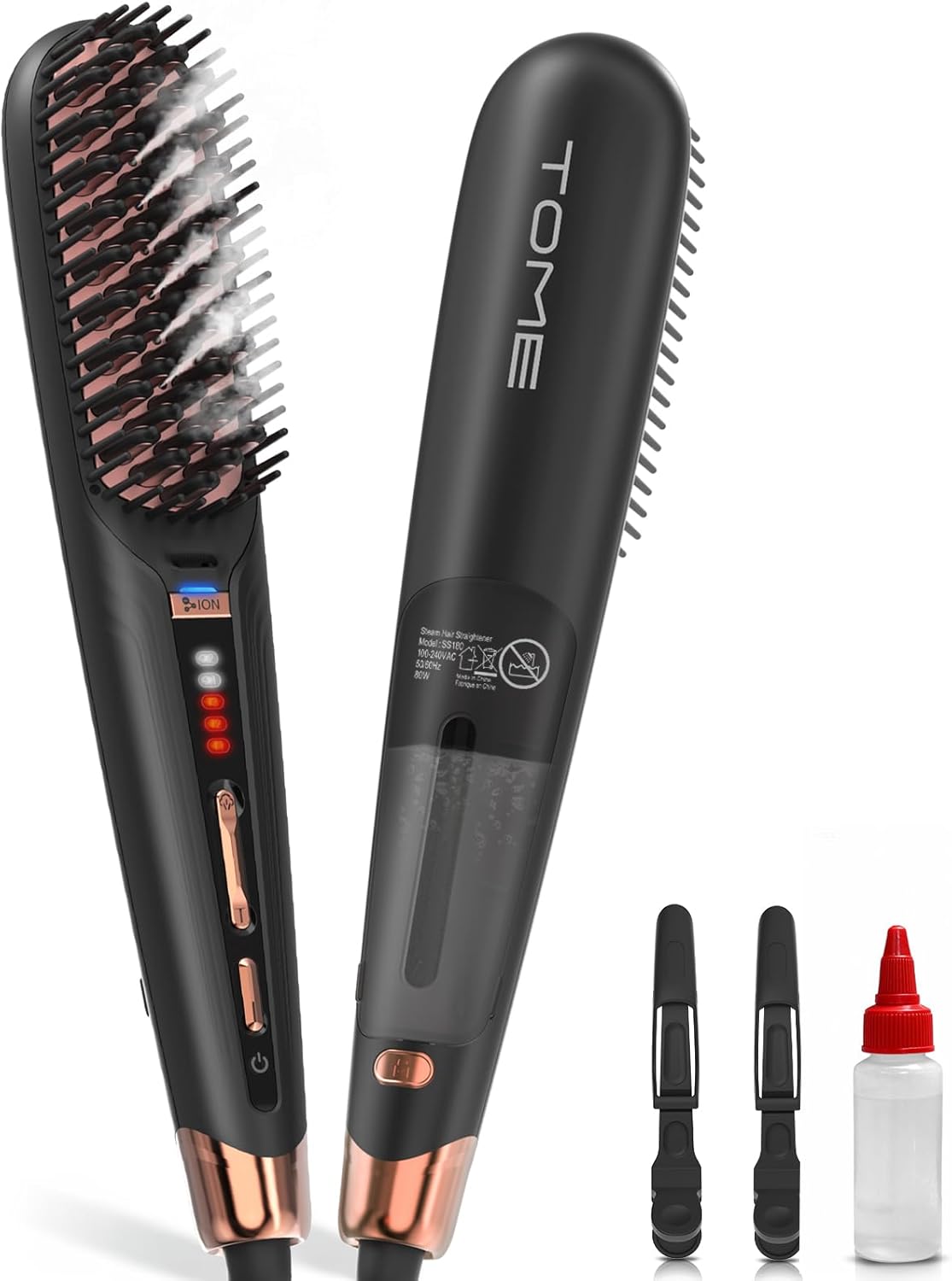 Steam Hair Straightener Brush - Anti-Scald Design, 2 Steam Levels & 3 Heat Settings | Fast Styling, Dual Voltage Black