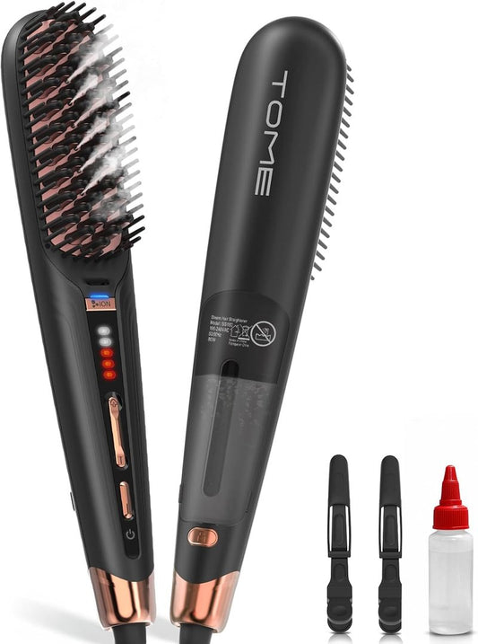 Steam Hair Straightener Brush - Anti-Scald Design, 2 Steam Levels & 3 Heat Settings | Fast Styling, Dual Voltage Black