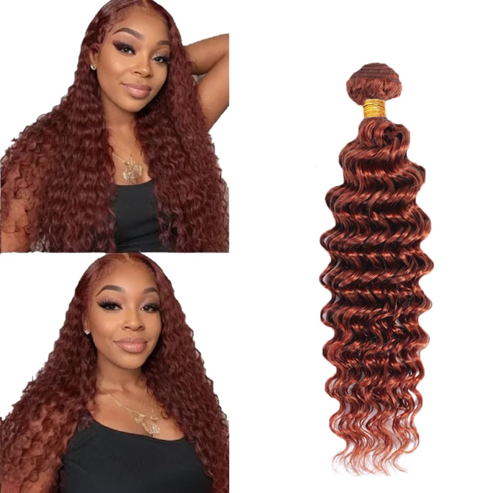 Color 33 Bundles Human Hair Copper red Deep Wave Bundles Huxowax Brazilian Virgin Remy Hair 1 bundle 12 Inch Double Weft Auburn Deep Wave Bundle Hair Weave 50g