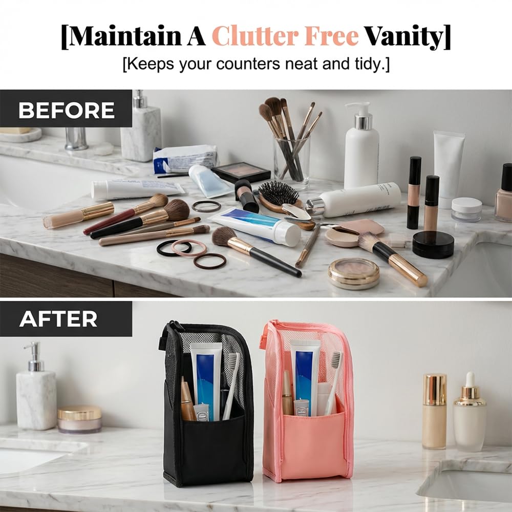 Spwejsr Standing Toiletry Bag, Portable Lightweight EVA Mesh Travel Toiletry Bag, Large Capacity & Water-resistant & Foldable Design, for Makeup Brushes & Toothbrush (Black-1PCS)