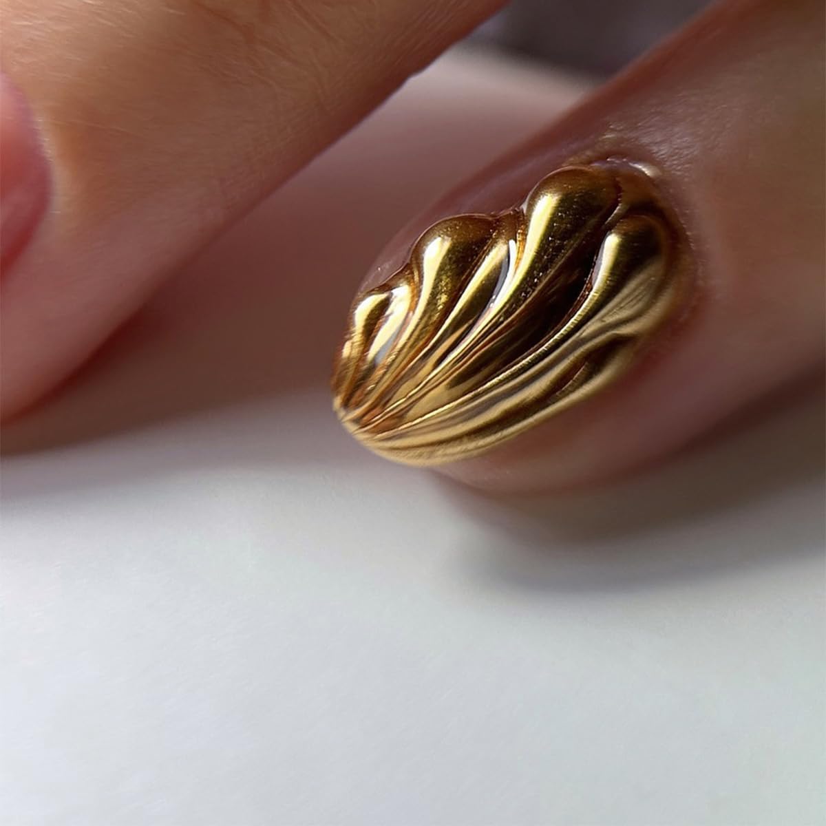 Short Almond Press-On Nails - 3D Gold Carved Ripple Design | Glossy Full Cover Acrylic Nails - 24 Pcs Nude Pink Manicure Set