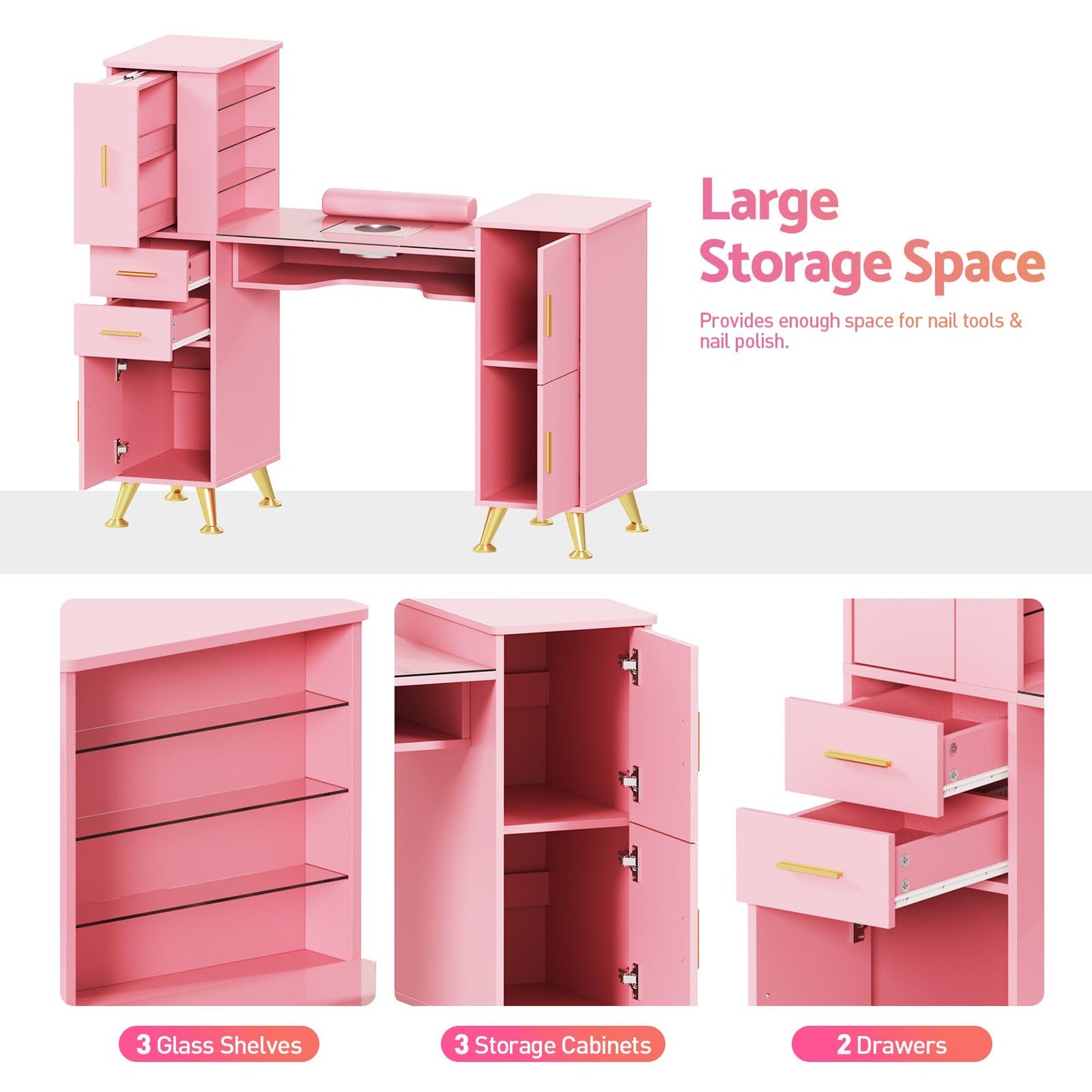 MOMOKOVA Manicure Table with Glass Top, Dust Collector and Storage, Display Shelves, 3 Drawers & 3 Cabinets, Nail Station Nail Desk Beauty Salon Workstation, Pink