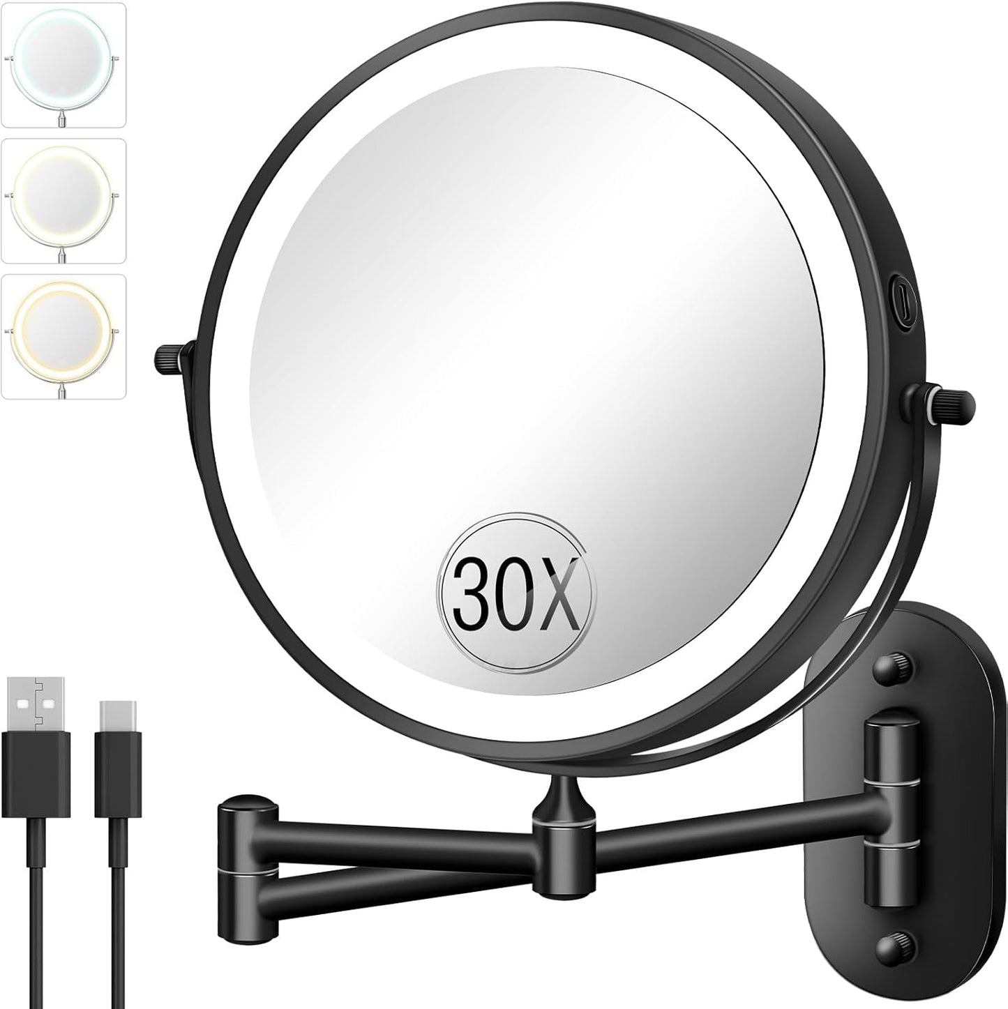 Lighted Makeup Mirror - 30X/1X Double-Sided Rechargeable Magnifying Mirror | 8'' with 3 Color Touch Dimming & 360° Rotation
