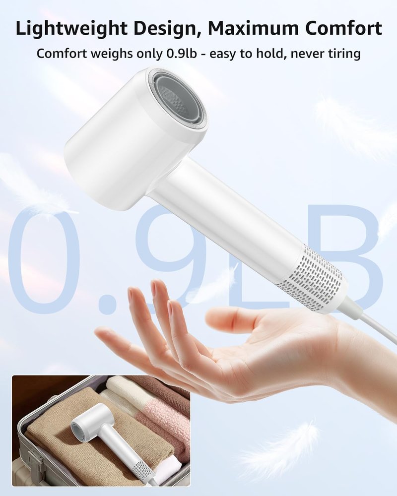 High-Speed Ionic Hair Dryer - 160,000 RPM Portable & Lightweight | Fast-Drying, Quiet with Nozzle for Home & Travel