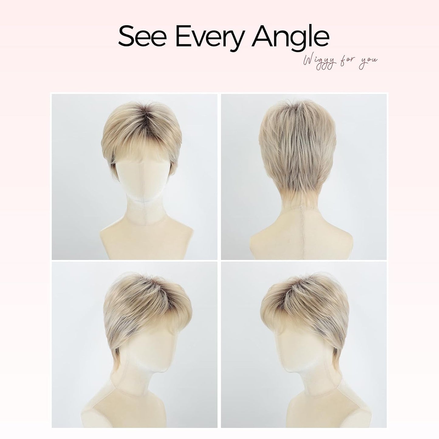 Short Pixie Wig for Women | Curly Ash Blonde with Dark Roots - Heat-Resistant Synthetic Wig with Bangs, Lightweight Cap