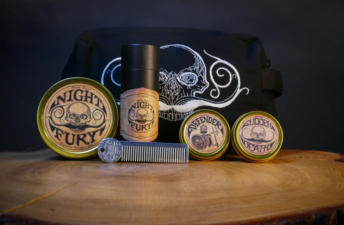 Mustache Balm for Men & Mustache Protector – Natural Styling & Conditioning Grooming Kit – Soften & Shape Facial Hair 2oz – Death Grip (Mustache Gift Set)