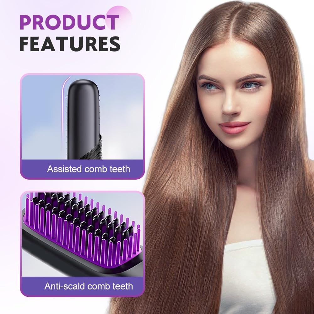 Go Brush for Short Hair, 2026 New Portable Hair Cordless Straightening Brush, Fast Heating Ceramic Brush, USB-C Rechargeable for Short Long Hairs Travel Vacation Home Use Styling Tool (Black)