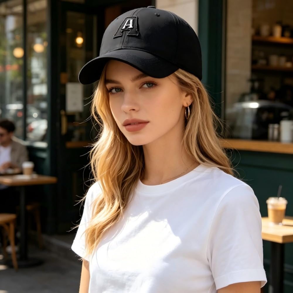 Baseball Cap Adjustable Embroidered Letter A Dad Hat Cotton Breathable Sun Hat for Outdoor Sports Daily Wear (Black)