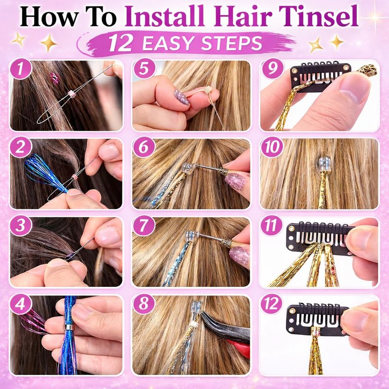 Hair Tinsel Kit - 48 Inch Holographic Glitter Strands for Party & Cosplay | Heat Resistant Gold, Silver & Pink