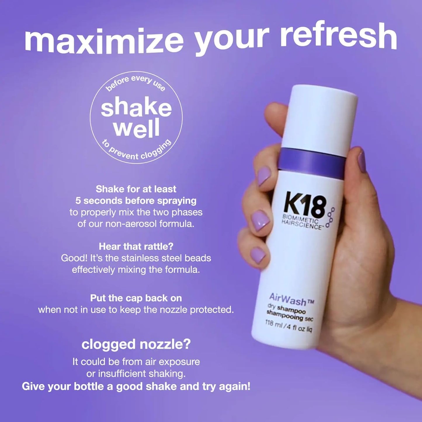K18 AirWash™ Dry Shampoo - Non-Aerosol Formula for Balanced Scalp & Oil Control | 5 oz