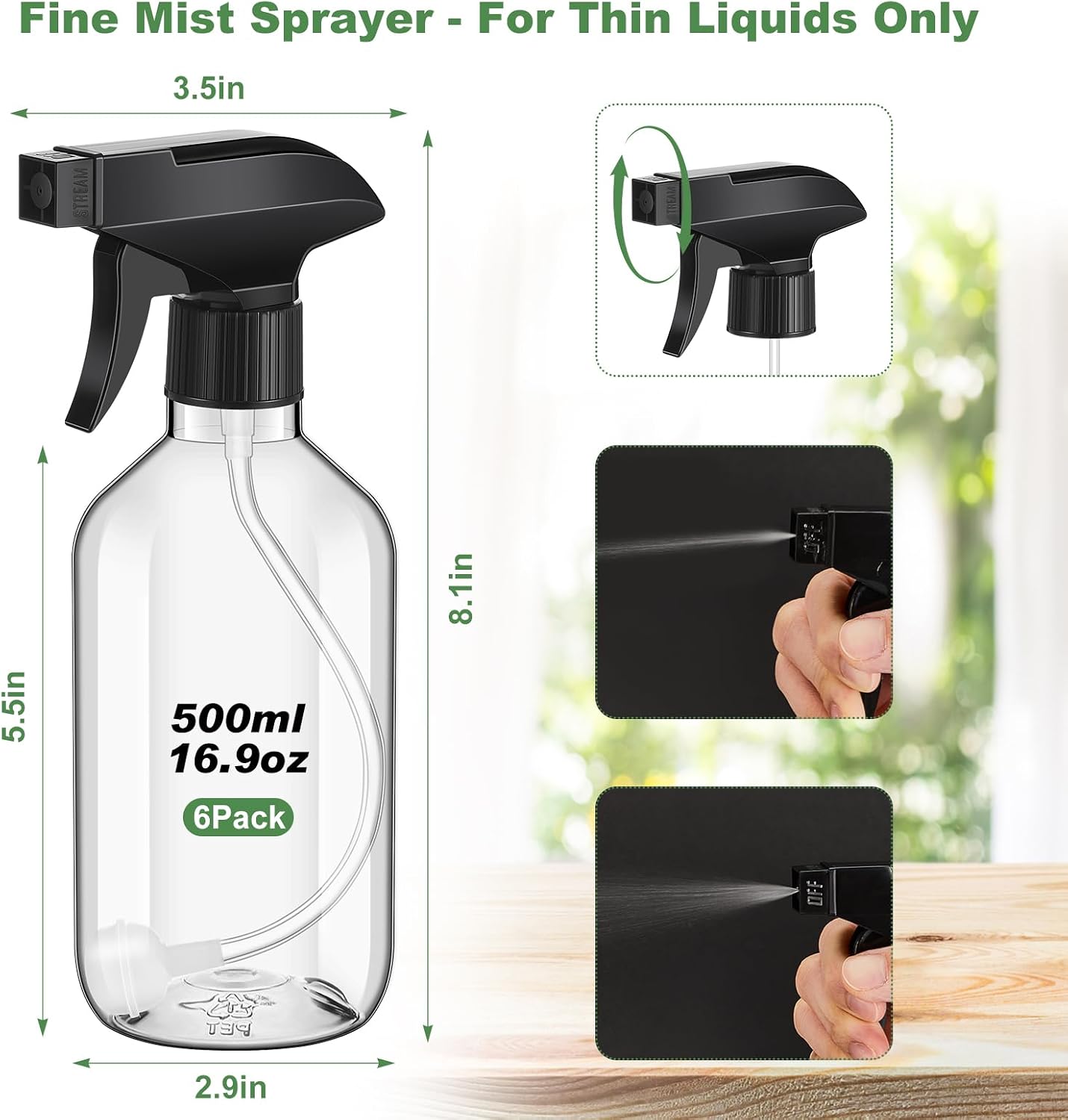 360° Water Spray Bottle - 16 oz Fine Mist/Stream Nozzle | 6 Pack Refillable Plastic Containers for Plants & Cleaning