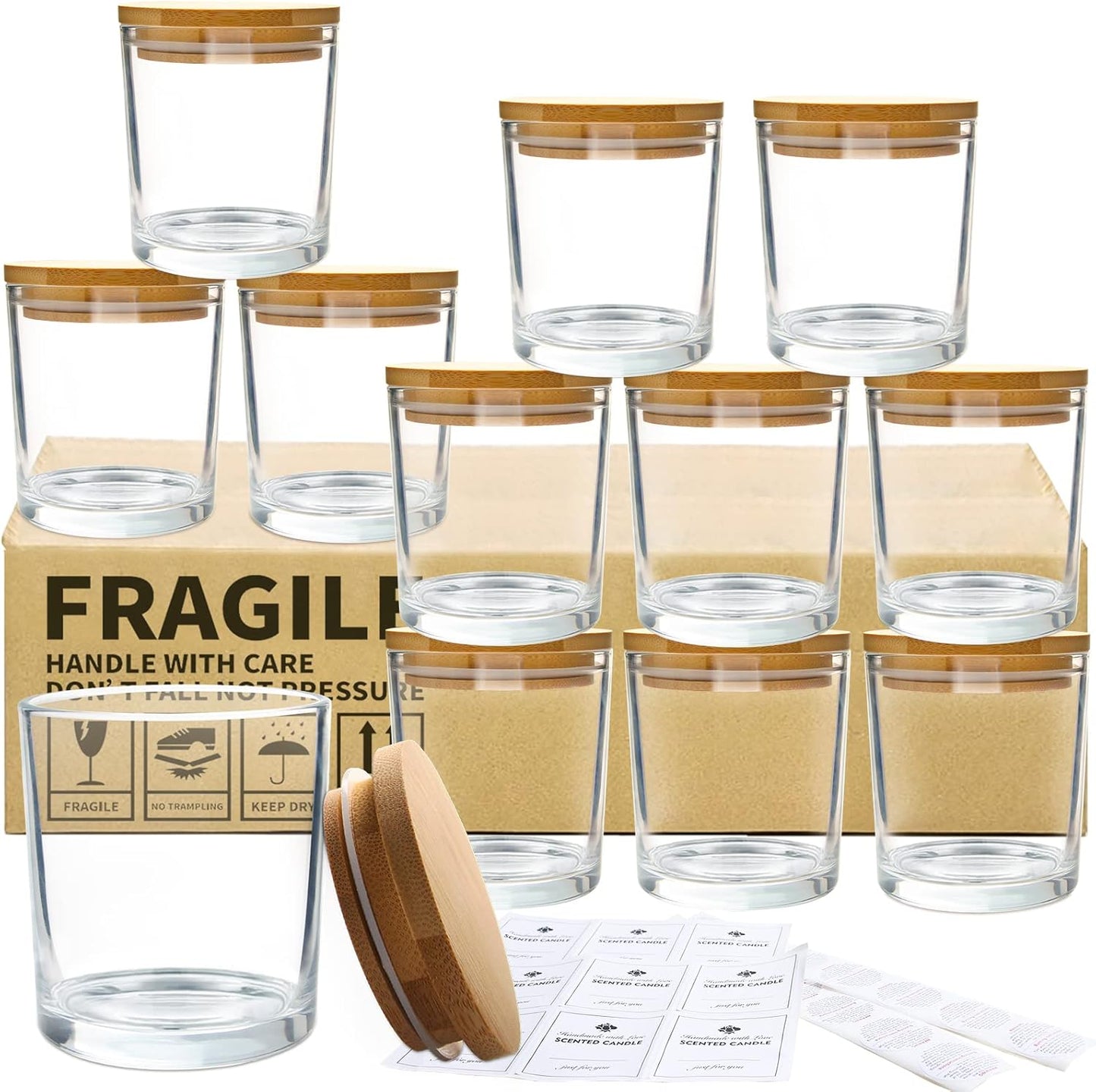 Clear Glass Candle Jars - 12 Pack 10 OZ with Bamboo Lids | Large Empty Candle Containers, Dishwasher Safe