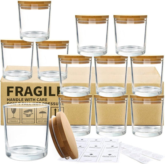Clear Glass Candle Jars - 12 Pack 10 OZ with Bamboo Lids | Large Empty Candle Containers, Dishwasher Safe