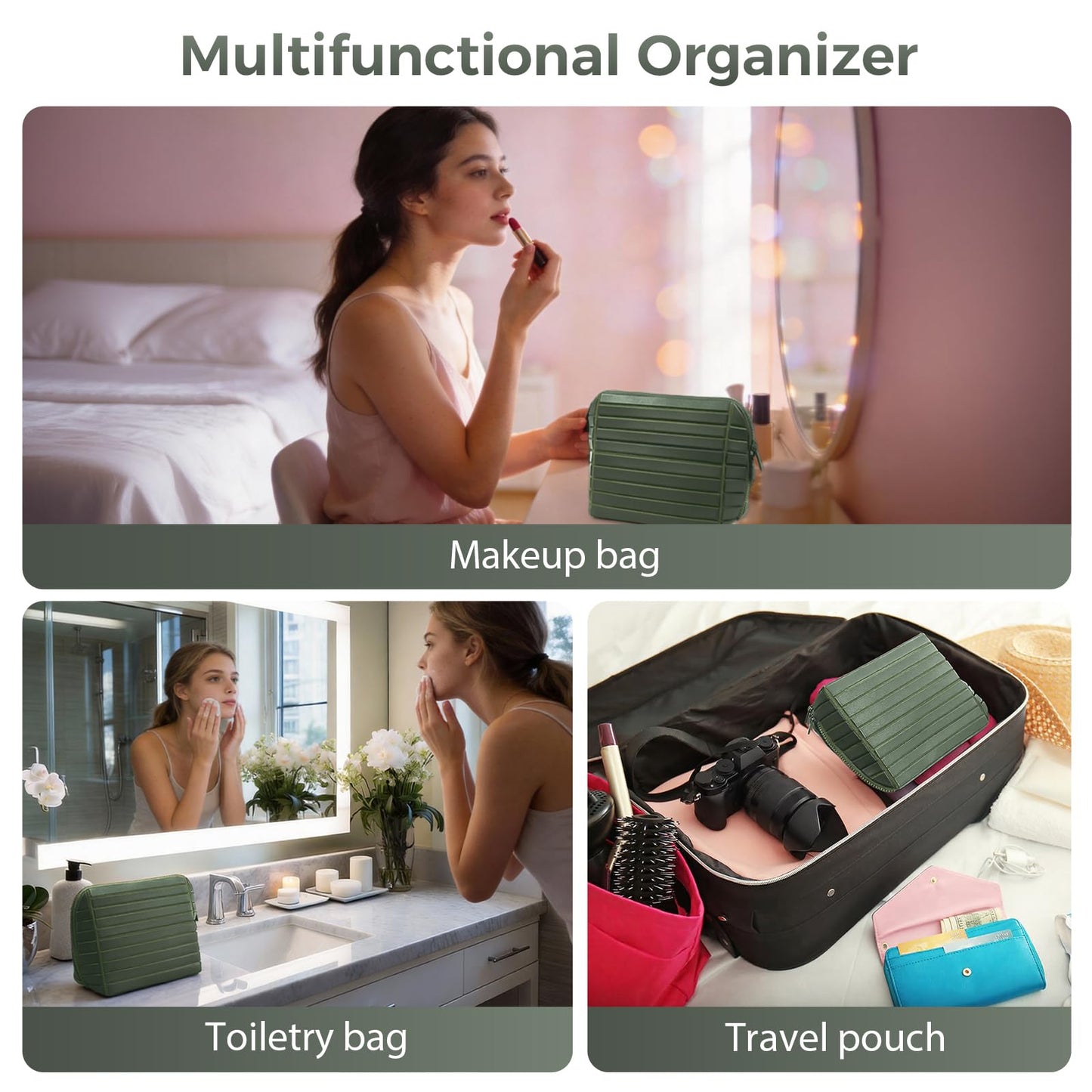 Travel Makeup Organizer Bag with Fold-Down Design and Adjustable Dividers, 27 Pockets & 3 Brush Storage Holders, Large Capacity Cosmetic Bags Toiletry Case - Dark Green