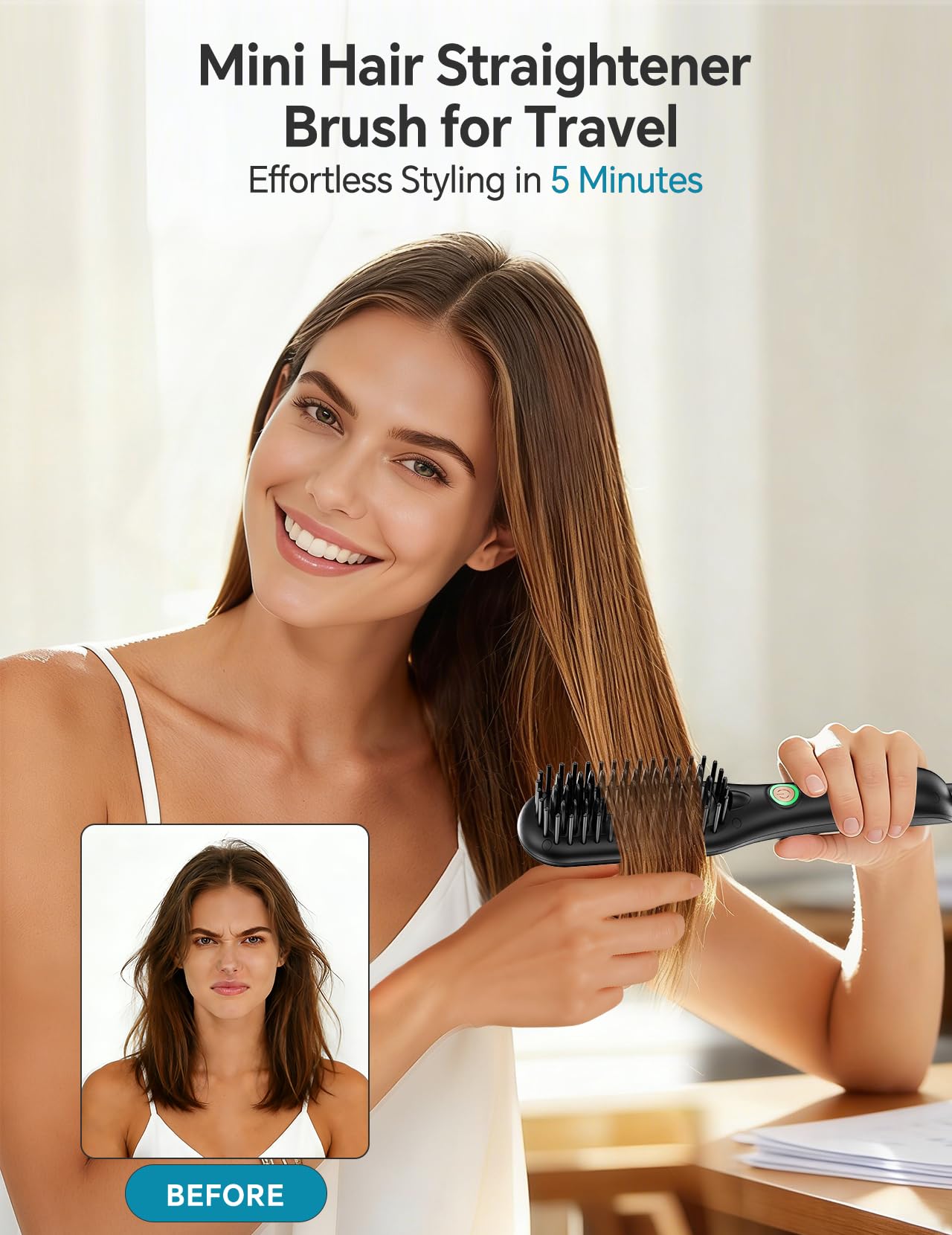 LANDOT Mini Hair Straightener Brush - Ionic Anti-Scald Travel Hot Comb