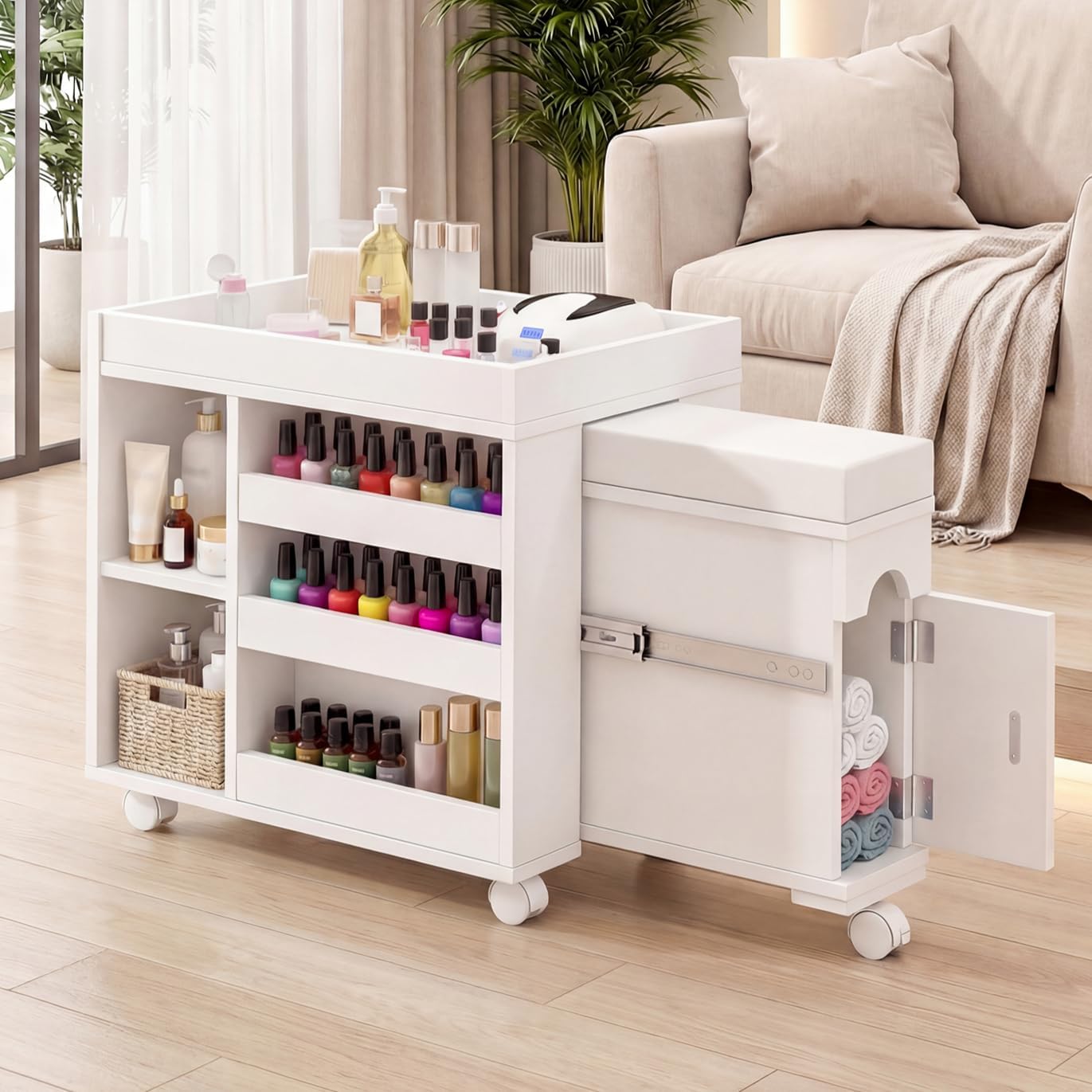 Pedicure Trolley Cart - Extendable Mobile Manicure & Foot Rest Station with Rolling Wheels | 26.3" L, Shelves & Cabinet for Polish