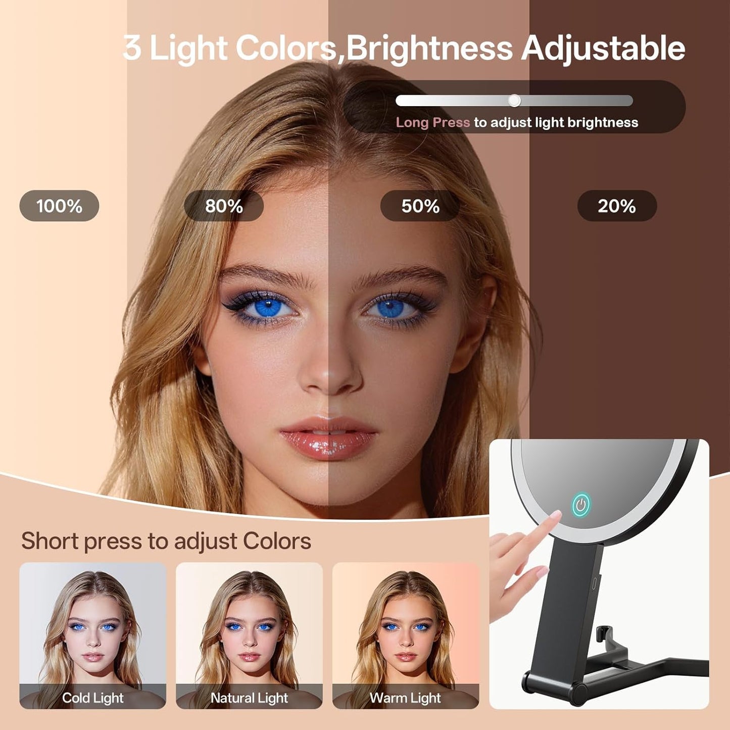 Double-Sided Makeup Mirror with Lights - 10X/1X Magnification, 3 Color Lighting & Adjustable Brightness | Portable Handheld for Desktop & Travel (Black)