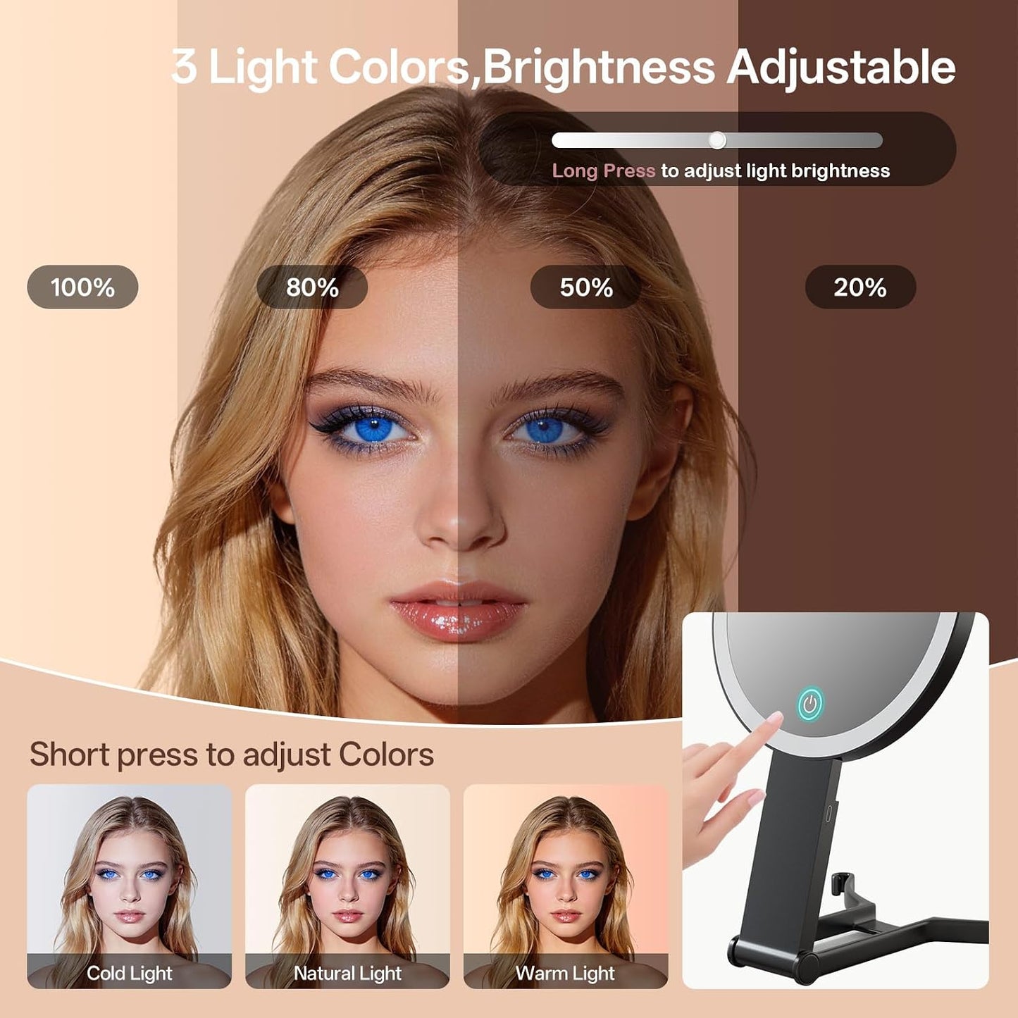 Makeup Mirror with Lights - 40X/1X Double-Sided Magnifying Mirror | 3 Color Lighting & Adjustable Brightness - Portable Handheld Design (Black)