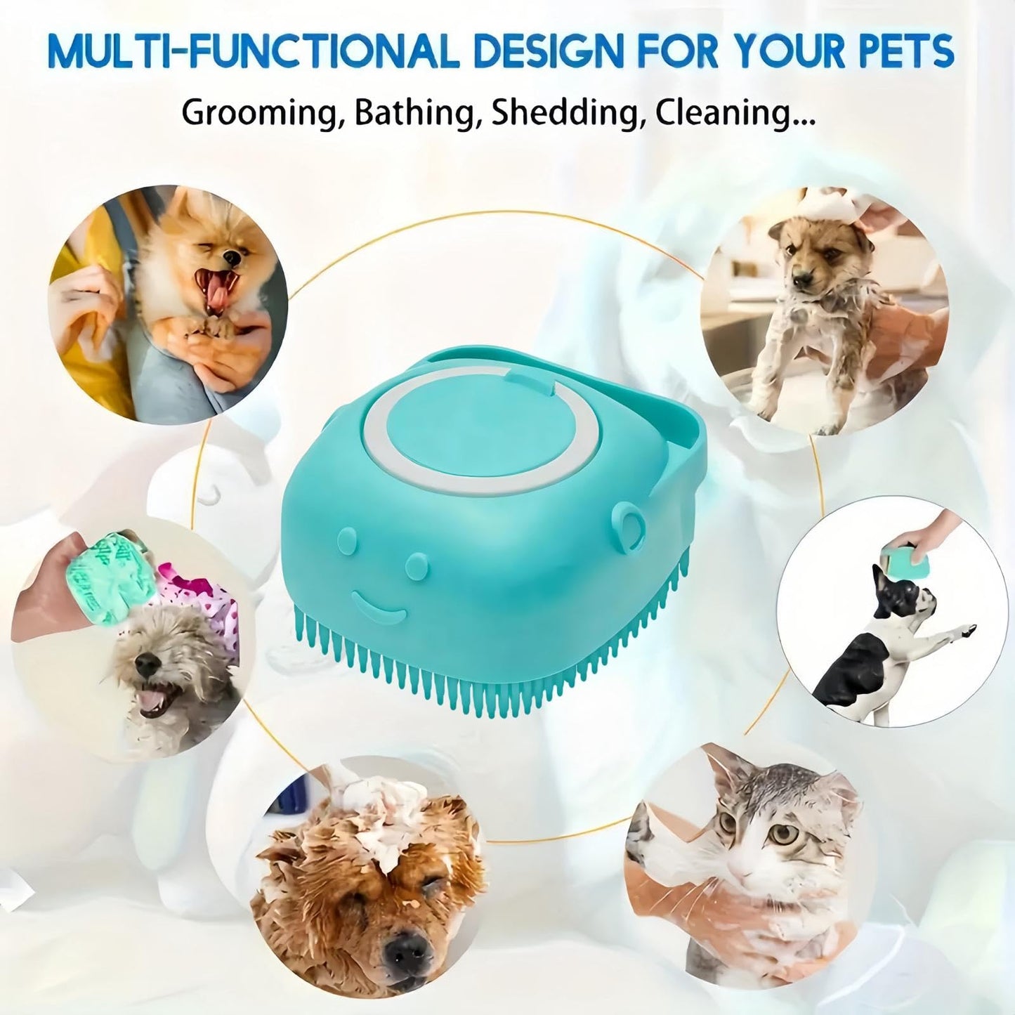 Dog and Cat Bath Brush with Shampoo Dispenser, Silicone Pet Grooming Brush for Dogs Cats, Soft Massage Scrubber for Bath, Easy Clean Ergonomic Pet Shower Brush for Small Medium Pets Pink