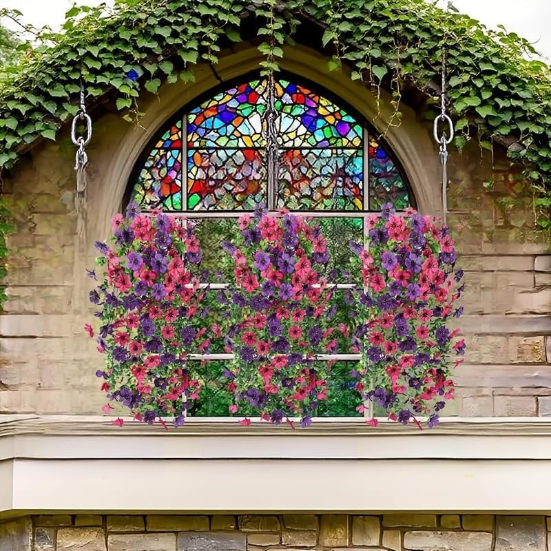 Artificial Hanging Flower Basket - UV Resistant Faux Silk Petunias & Morning Glory | Rose Red & Purple Mix for Outdoor Decor