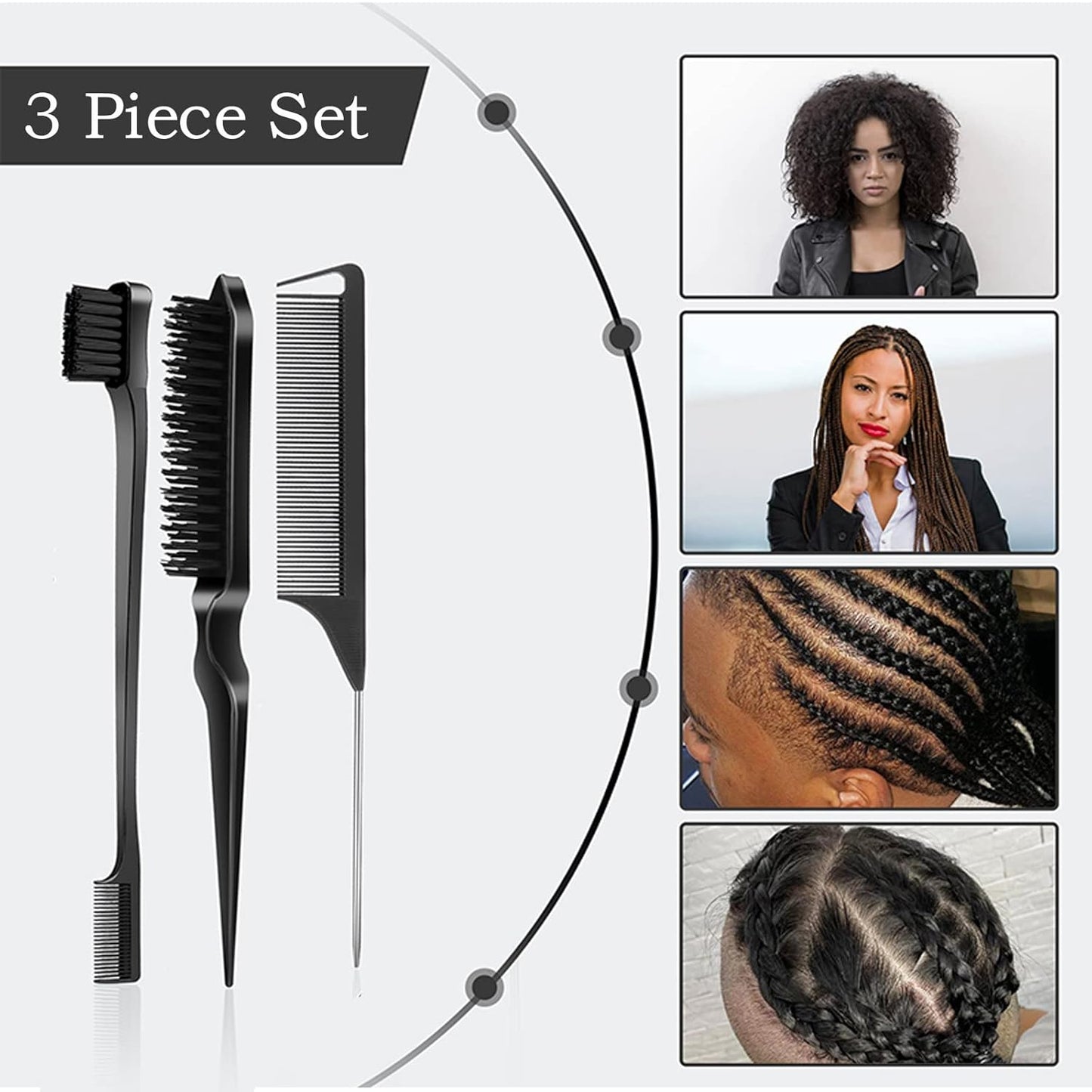 Slick Back Hair Brush Set - 3 Pcs Rat Tail Comb & Bristle Brush | Perfect for Kids & Toddlers' Sleek Ponytails & Edges