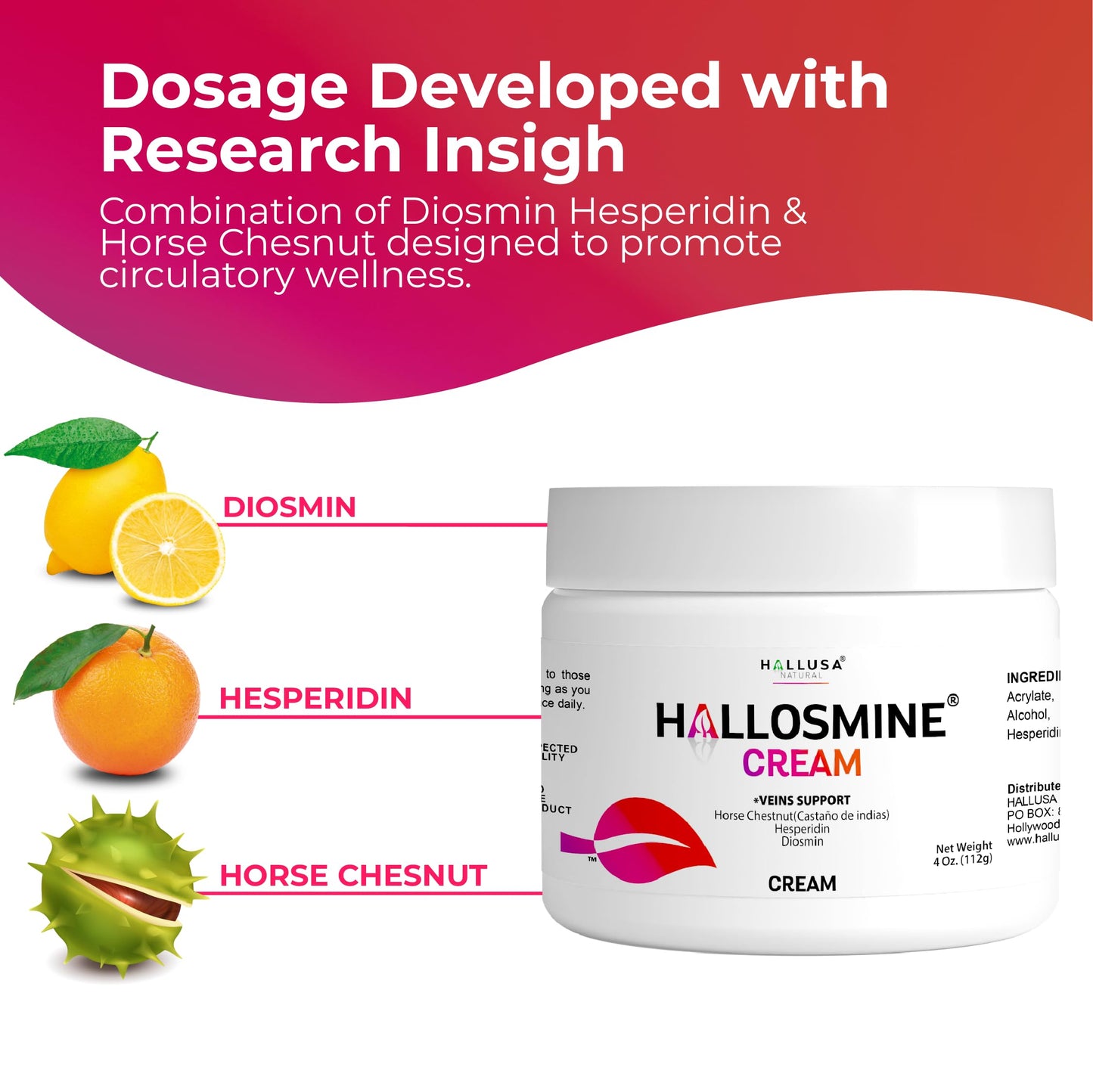 Hallusa Natural Hallosmine Leg Cream with Diosmin, Hesperidin, Horse Chestnut, Menthol & Aloe Vera | Daily Leg Comfort for Visible Veins, Swelling and Heavy Legs, 4oz (112g)