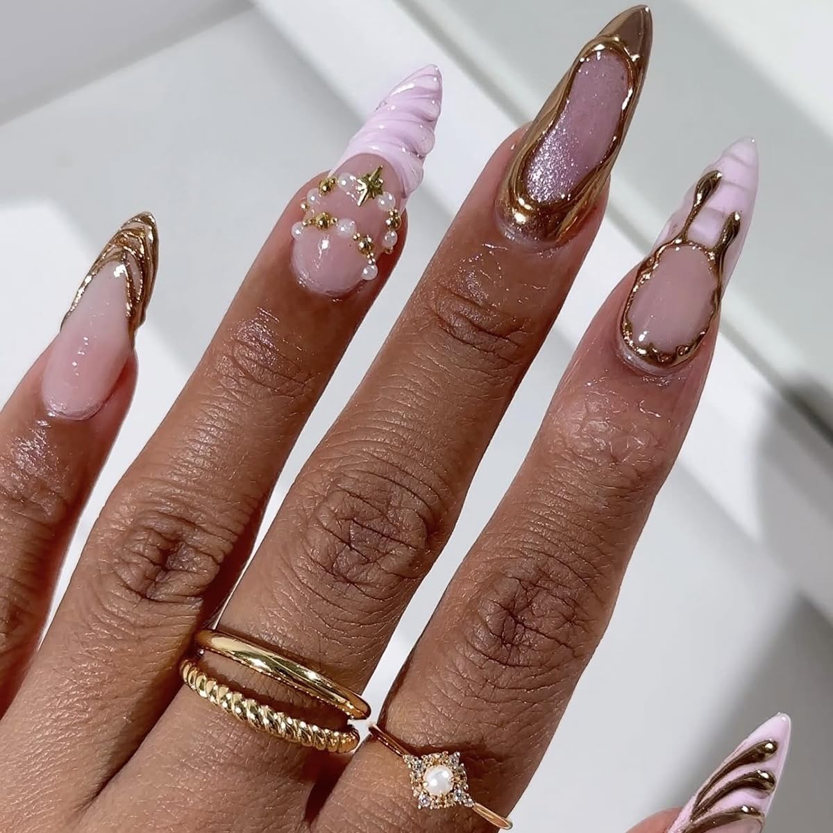 French Tip Almond Press-On Nails - Cat's Eye Acrylic with 3D Charms | 24 Pcs Set