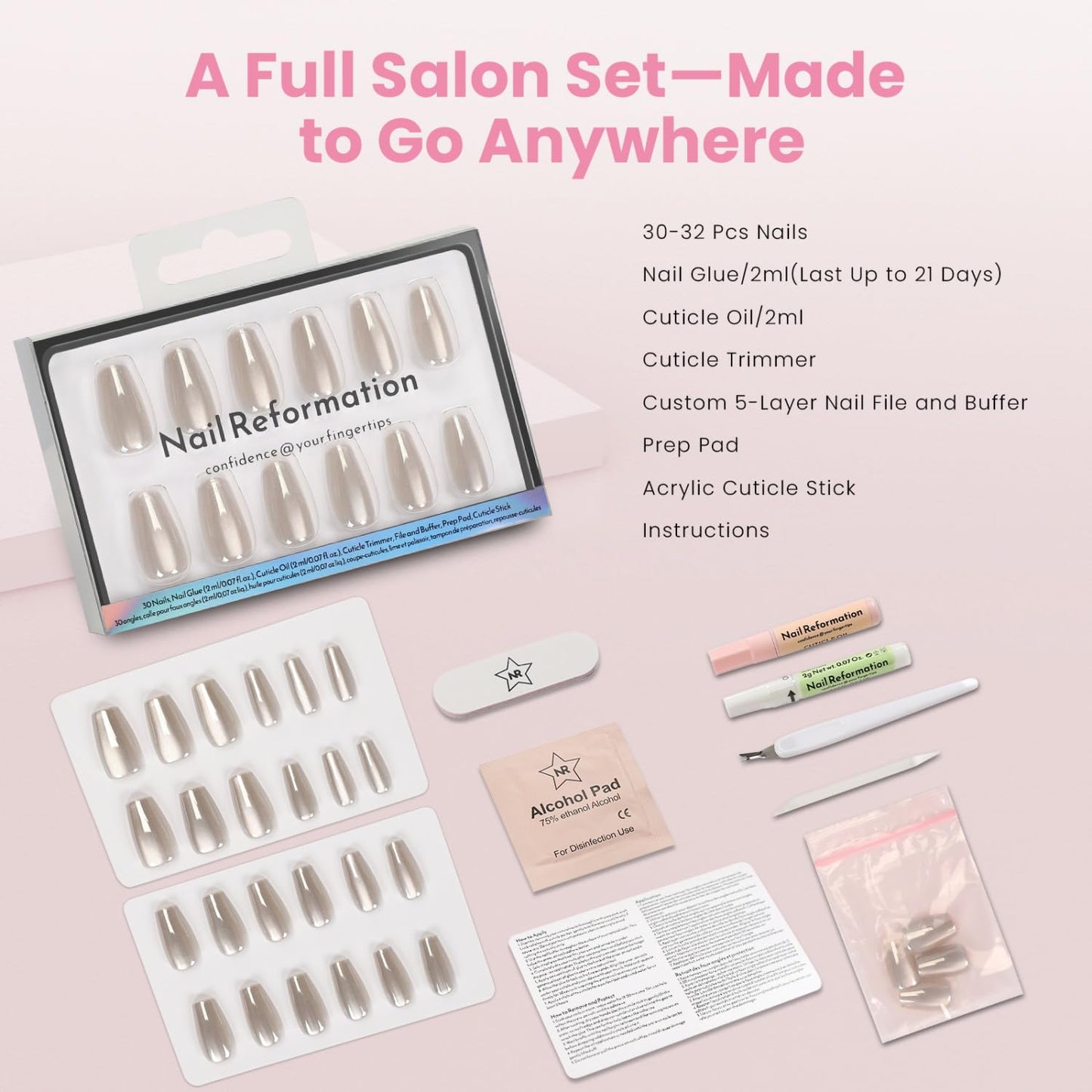 Press On Nails - Glazed Over Metallic Shimmer Coffin Nails | Reusable Short Fake Nails Kit - 30 Pcs in 15 Sizes with Glue