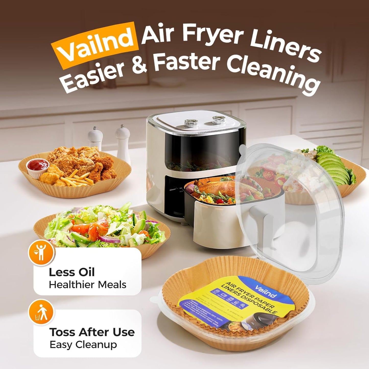 Air Fryer Paper Liners - 125 Pcs Non-Stick Parchment Paper for Microwave | 8-Inch Square, Bleach-Free