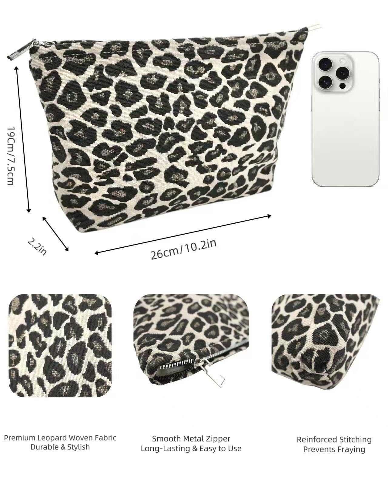 RIKMOXR Brown Leopard Canvas Makeup Bag Organizer for Women & Girls - Large Capacity Travel Toiletry Pouch | Purse Organizer Cosmetic Zipper Bag