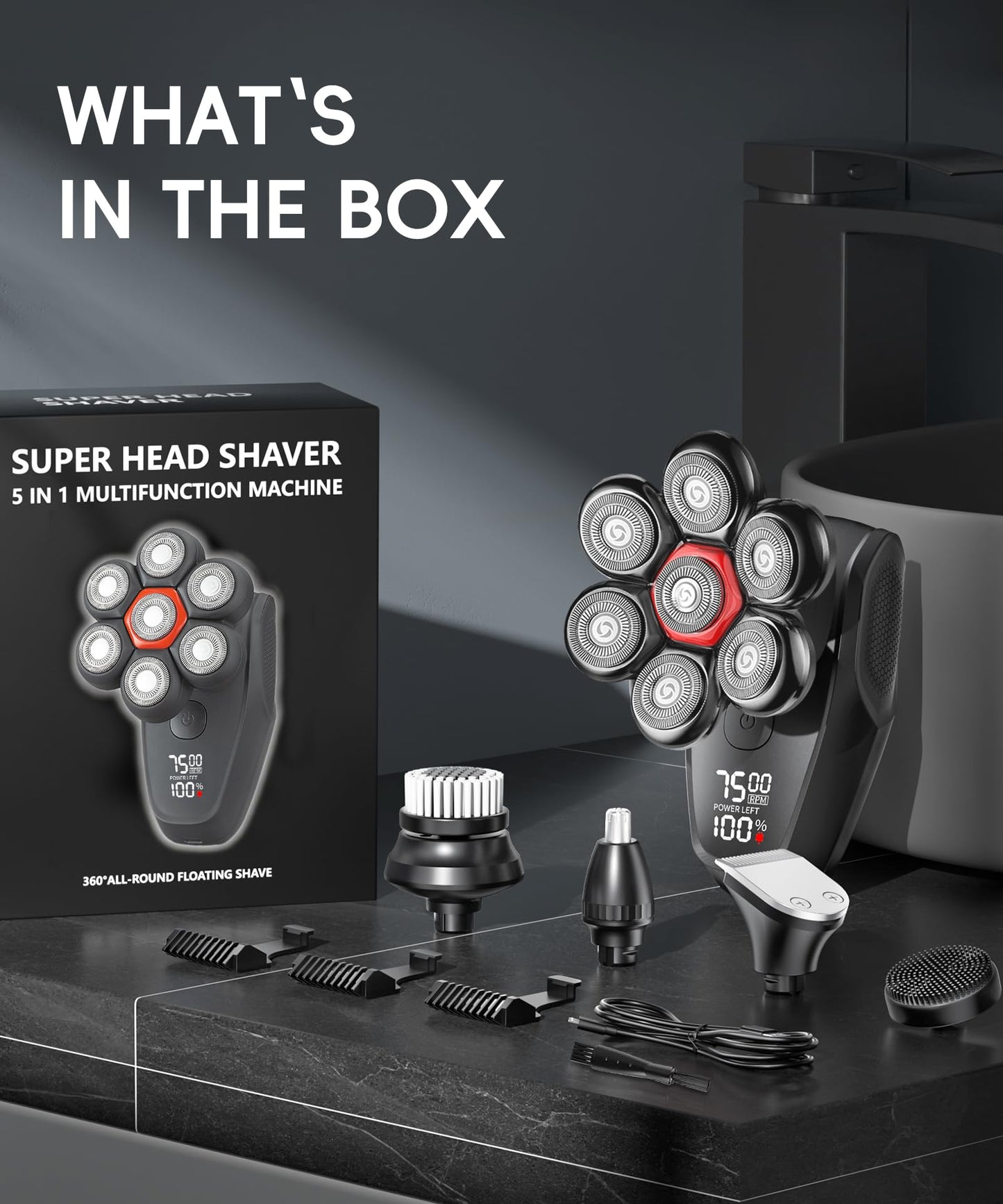 MALEGEBAZ Head shavers for Bald Men 5-in-1 Men's Grooming Kit, 7D Rotary Electric Head Shaver, IPX8 Waterproof Wet/Dry Father's Day High-Gloss Black