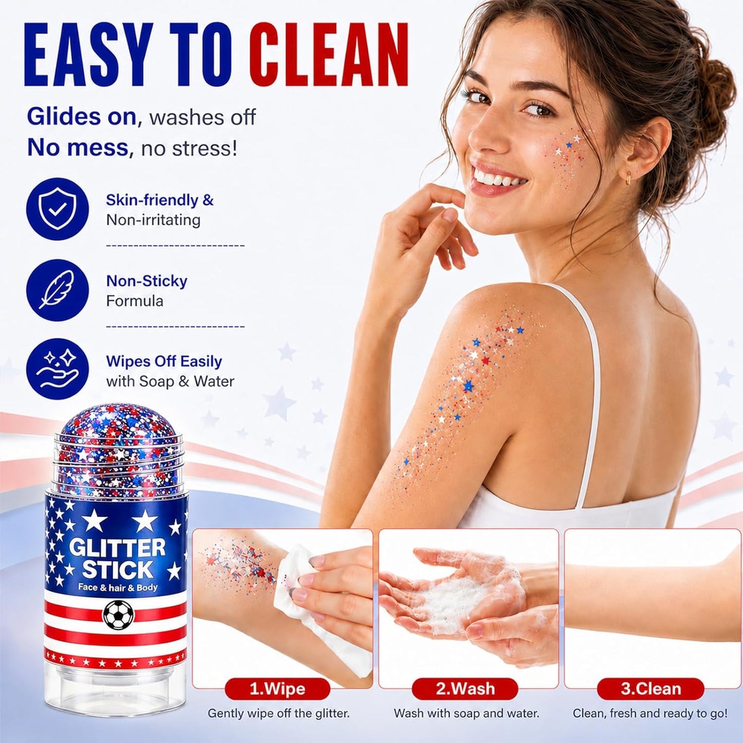 Patriotic Body Glitter Stick - Red, White & Blue Waterproof Glitter for 4th of July | Perfect for Hair & Face