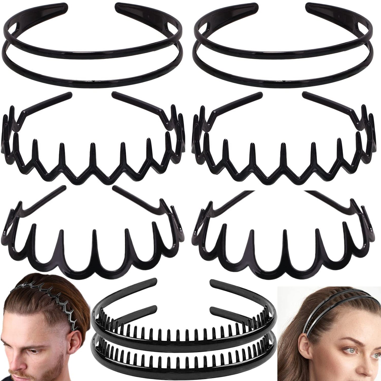 Effortless Black Plastic Headbands - 8 PCS No-Slip Hair Accessories for Women, Men & Teens