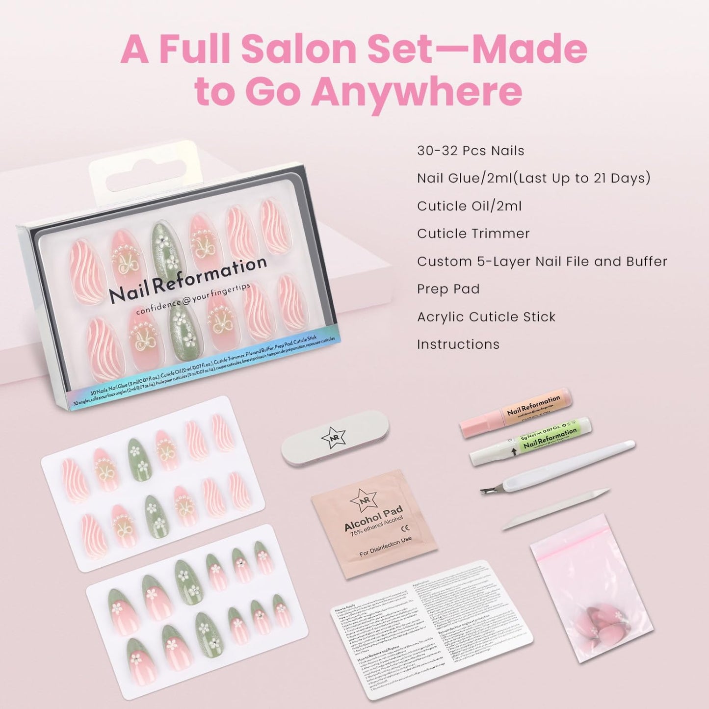 Floral French Press-On Nails - Garden of Pearls | Short Almond Design on Pink Green Shimmer Base - 30 Reusable Nails in 15 Sizes for Women