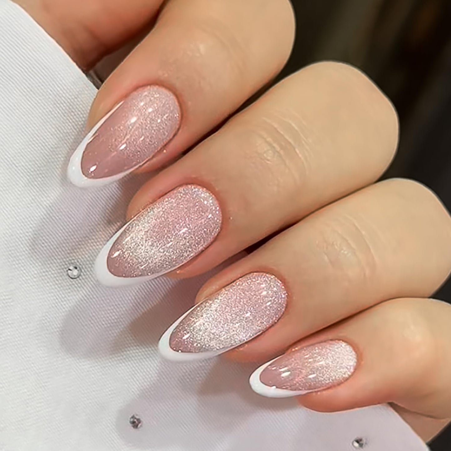 French Tip Press-On Nails - Short Square Floral Design with 3D Rhinestones | 24 Pcs Glossy Acrylic Set